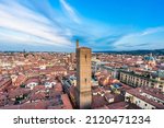 Aerial view of Bologna Cathedral and towers above of the roofs of Old Town in medieval city Bologna. High quality photo