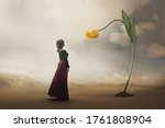 Small photo of surreal encounter between a woman and a giant tulip