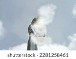 surreal woman tenderly embraces a cloud, abstract concept