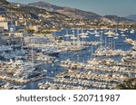 Aerial Panorama of World Fair MYS Monaco Yacht Show 2016, Port Hercules, luxury megayachts, big boat, view from Princes Palace of Monaco, sunset, many shuttles, taxi boat, presentations, Journalists