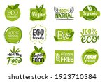 Set of eco friendly green badges design. Collection of vegan ,bio, organic food, gluten free, and natural products labels. Eco stickers for labeling package, food, cosmetics. Hand drawn style.