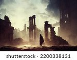 High fantasy background of a person in ancient ruins of a great civilization, digital illustration