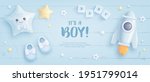 Baby shower horizontal banner with cartoon rocket, shoes, helium balloons and flowers on blue wooden background. It