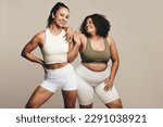 Small photo of Sports women of different body types stand side by side, wearing fitness attire. Female athletes showing pride in their commitment to a fit and active lifestyle through training and exercise.