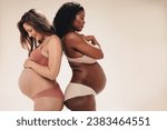 Small photo of Two pregnant women stand together in a studio, wearing underwear and showing off their changing bodies. Expecting moms proudly embracing the journey of pregnancy and motherhood.