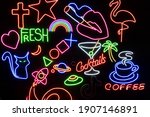 neon assorted shapes on a black ... | Shutterstock . vector #1907146891