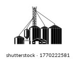 Grain elevator. Warehouse with silos for grain storage black design isolated on white background. Vector illustration