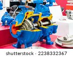 Small photo of cross section present detail component inside centrifugal pump for industrial such as vane or impeller rotor shaft bearing housing casing etc.