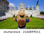 Tourism in Budapest. Back view of young tourist woman visiting Buda Castle in Budapest, Hungary, Europe.