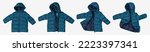 Small photo of Green emerald children's winter autumn jacket with a hood isolated on gray background. Waterproof jacket for child, warm down jacket. Cutout clothing mockup. Fashion, style, outerwear