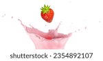 Small photo of Strawberry falling into a milky pink splash isolated on white background. Studio photograph of strawberry yogurt, milkshake or smoothie.