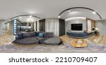 Small photo of full seamless hdri 360 panorama in interior of guest living room hall with kitchen in studio apartment with table sofa and tv in equirectangular spherical projection, VR content