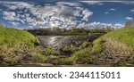 Small photo of full seamless spherical hdri 360 panorama view near dam lock sluice on lake impetuous waterfall with beautiful clouds in equirectangular projection, VR content
