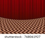 Red room. Landscape background with red velvet curtains and zigzag floor in retro movie style Vector scenery