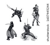 ninja soldiers with weapons... | Shutterstock .eps vector #1607445244
