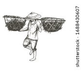 Asian Farmer In Conoid Hat...