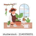 home gardening. woman growing... | Shutterstock .eps vector #2140358351