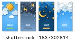 Vertical posters set with fluffy clouds. Weather forecast app widgets. Thunderstorm, rain, sunny day, night and winter snow. Vector illustration. Paper cut style. Place for text