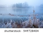 Dreamy frozen landscape. Like a fairytale view of frozen nature. Beautiful pond covered by ice in Lednice, south Moravia, Czech Republic.