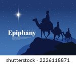 Happy epiphany day design. Three wise men on camel, bright star, nativity of Jesus.