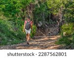 A hiker with a backpack climbs a forest road in the mountains near Budva in summer, Montenegro. Rear view of a young slender man walking among greenery and stones in summer clothes