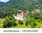 Small photo of Graz, Austria. Eggenberg Palace (Schloss Eggenberg) - the largest aristocratic residence in Styria is listed as a World Heritage Site. Construction was completed by 1646, Aerial View