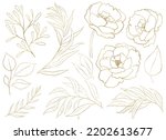 Watercolor golden peony flowers and garden leaves illustration isolated. Romantic floral Elements for wedding stationary, greetings cards. Sparkling golden outline flowers and leaves