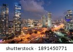 Tel Aviv Night Aerial Panorama. ...