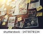 Small photo of Detective board with photos of suspected criminals, crime scenes and evidence with red threads, selective focus, retro toned