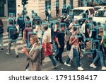 Face detection and recognition of citizens people, AI collect and analyze human data. Artificial intelligence AI concept as technology for safe city in future.
