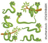 Set Of Cartoon Green Snake In...