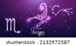 Futuristic Scorpio zodiac sign on dark purple background. Glowing low polygonal design vector. 