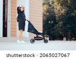 Small photo of Casual Trendy Mom Walking her Infant in a Stroller. Busy new mother pushing a baby carriage outdoors running errands together