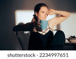 Small photo of Sleepy Woman Rubbing her Eyes Having Coffee in the Morning Somnolent girl feeling drowsy and tired all the time