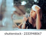 Small photo of Dehydrated Woman Feeling Hot and Thirsty Drinking Water Person suffering from dehydration, thirst while sweating in heated summer