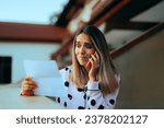 Small photo of Woman Checking Her Inflated Invoice Bill Calling Customer Service. Person negotiating a better contract deal over the phone