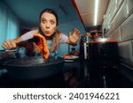 Small photo of Woman Cooking a Stake in a Pan at home in the Kitchen. Home cook preparing a poultry meal in a skillet