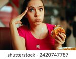 Small photo of Woman Dropping some Salad with Mayonnaise Sauce on her Shirt. Clumsy restaurant customer dropping some mayonnaise on pink blouse