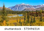 Scenic fall landscape with snow-capped mountains in Denali National Park, Alaska 