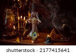 Small photo of Magic doll for attracting love, rite with voodoo and fate creation, details on a table of witch, occultism concept