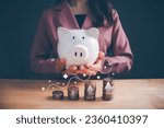 Small photo of Businesswoman has income and return on investment. Concept of Interest rate, dividend, stock market, dividend tax, saving, trade, income, return, retirement, compensation fund.