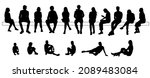 Vector silhouettes of  men, women, teenagers and child, a group of sitting on a bench  business people, profile, black  color isolated on white background