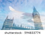 Double exposure of Sky and cloud seen from window of airplane with Big Ben, House of Parliament in London, United Kingdom. Travel Destination concept