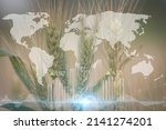 Small photo of Global Food crisis with duble exposure of graphic diagrams and charts with wheat field. Embargo and sanction for export for wheat. Global food security