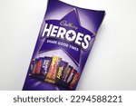 Small photo of Norway 27 april 2023: Cadbury Heroes Dairy Milk Wispa Fudge Eclairs Crunchie bits Twirl and Dairy milk caramel Dinky Decker and Crene Egg Twisted chocolate collection container pack from England
