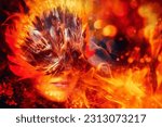 Small photo of Fiery phoenix artwork: person wearing a mask on fire, symbolizing rebirth a transformation.
