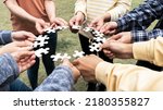 Small photo of Team Hands Empathy Trust Partner partnership grow and placing the jigsaw puzzle for connect business partner and connection integration start up concept Empathy teamwork. Team Volunter charity Faith.