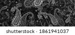 Small photo of Paisley black-white pattern on a black background. decorated the bandanas of cowboys and bikers popularized by The Beatles, ushered in the era of hippies and became the emblem of rock and roll.