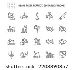 Simple Set of Fishing Related Vector Line Icons. 
Contains such Icons as Fisherman