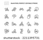 Simple Set of Bicycle Related Vector Line Icons. 
Contains such Icons as Bike Parking, Repair Shop, Outdoor Riding and more. Editable Stroke. 48x48 Pixel Perfect.